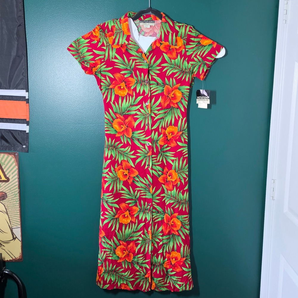 Notations Petite Red Tropical Floral Button Front Midi Dress Short Sleeve Medium